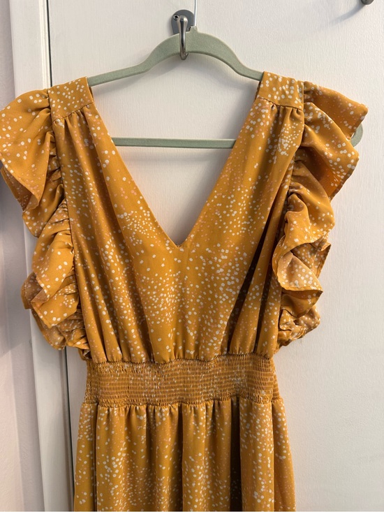 Express Dresses & Skirts - Express Mustard Dot Ruffle-Sleeve Midi Dress